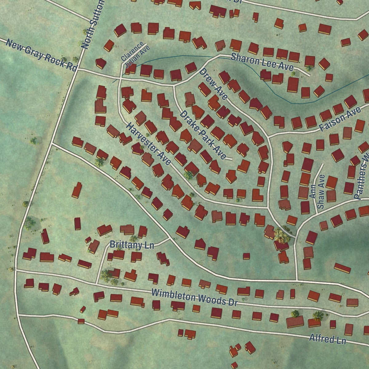 Close-up of the map of Riverview, South Carolina print showing street and building detail