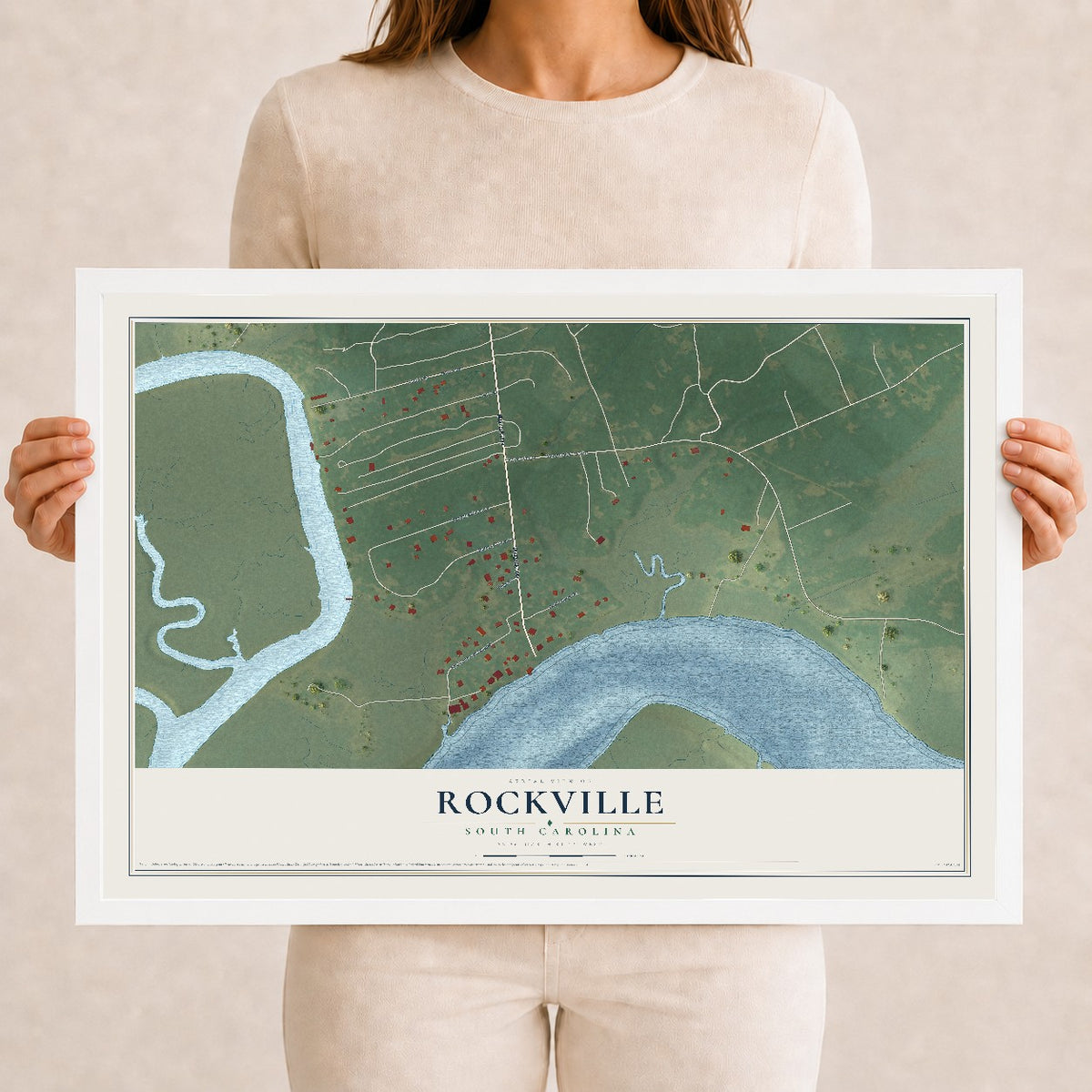 Map of Rockville, South Carolina, 12 x 18 inch print in a white wood frame