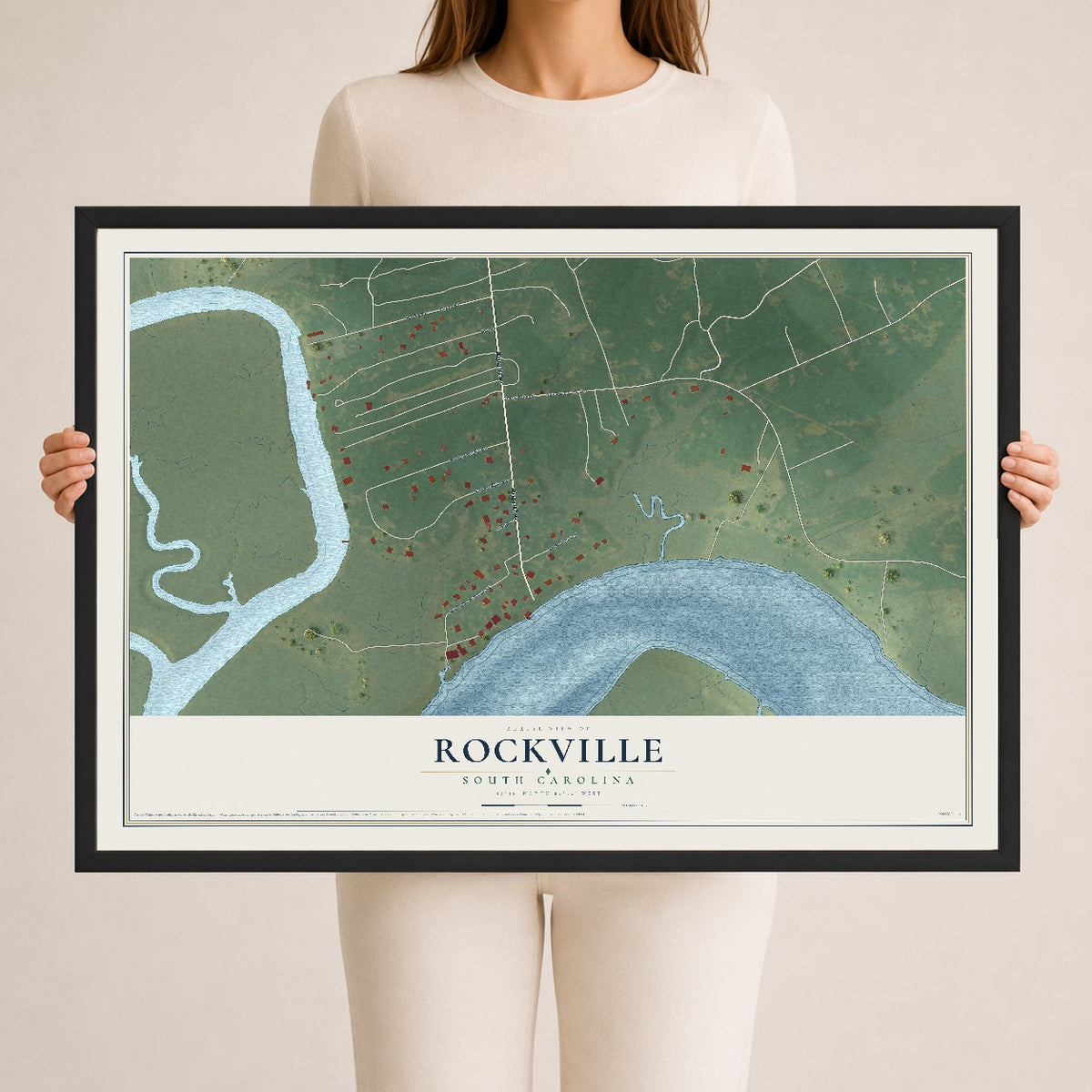 Map of Rockville, South Carolina, 24 x 36 inch print in a black wood frame
