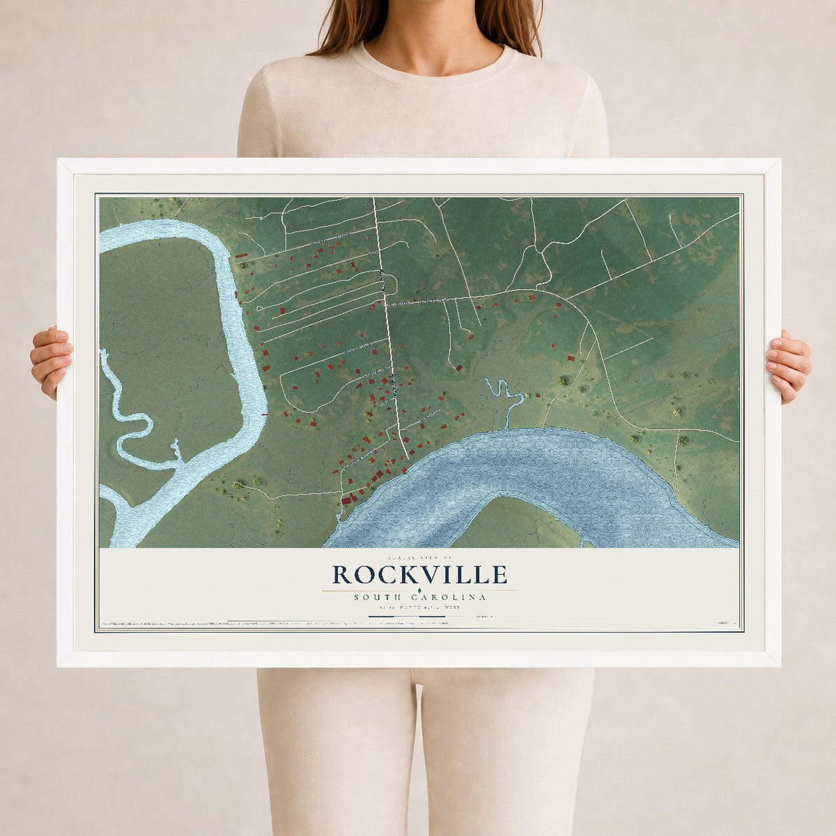 Map of Rockville, South Carolina, 24 x 36 inch print in a white wood frame