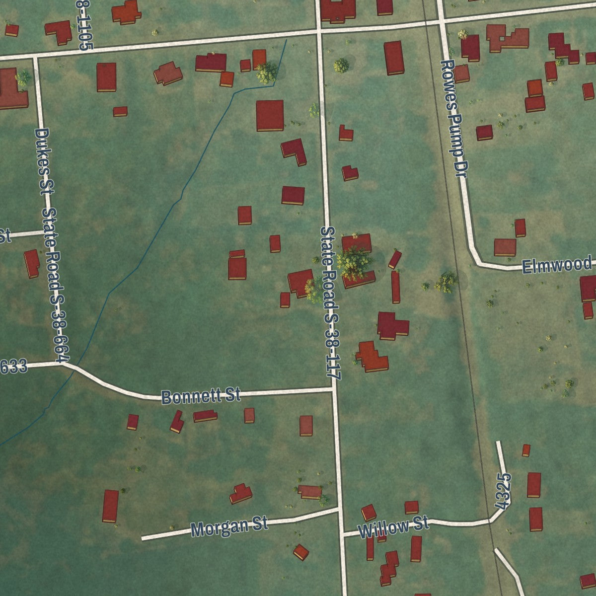 Close-up of the map of Rowesville, South Carolina print showing street and building detail