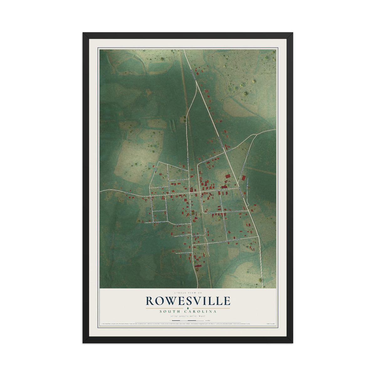 Map of Rowesville, South Carolina, 12 x 18 inch print in a black wood frame
