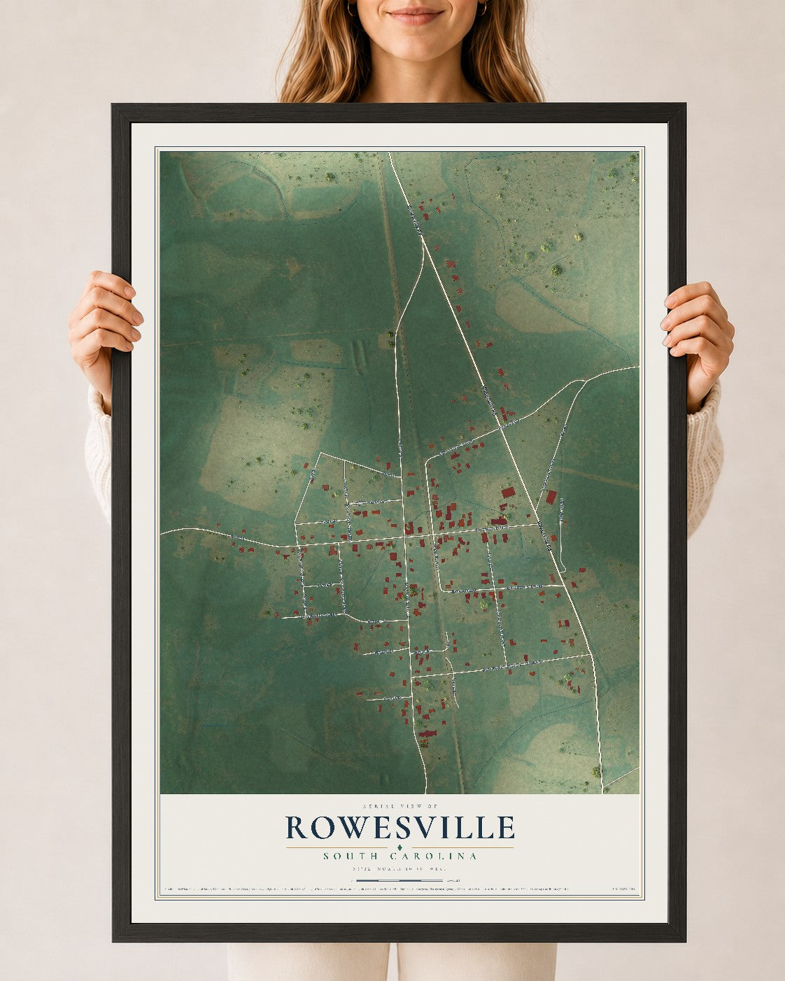 Map of Rowesville, South Carolina, 24 x 36 inch print in a black wood frame