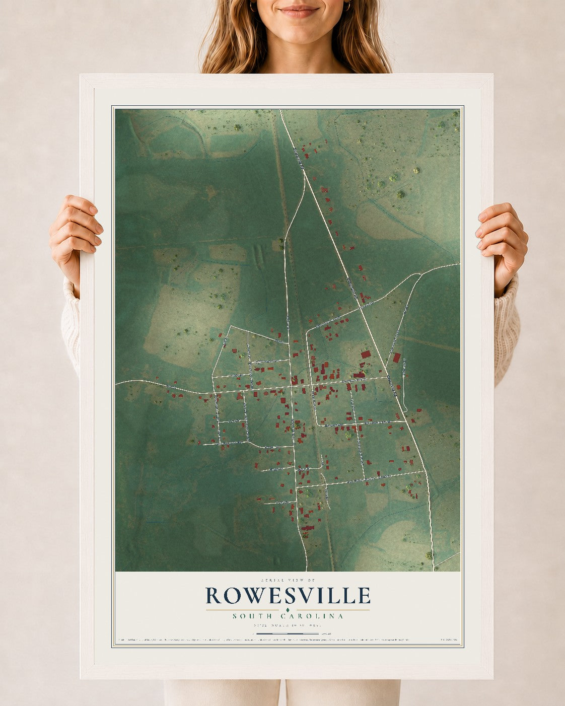 Map of Rowesville, South Carolina, 24 x 36 inch print in a white wood frame