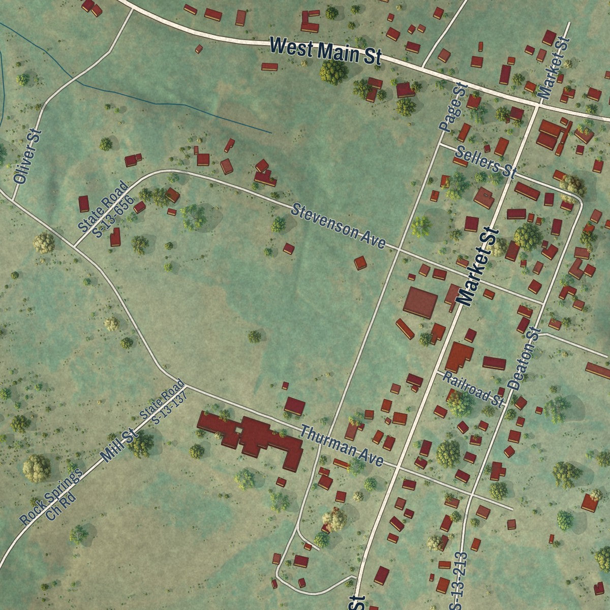 Close-up of the map of Ruby, South Carolina print showing street and building detail