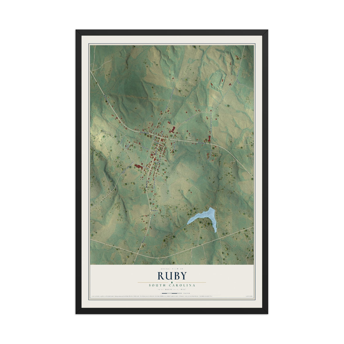 Map of Ruby, South Carolina, 12 x 18 inch print in a black wood frame