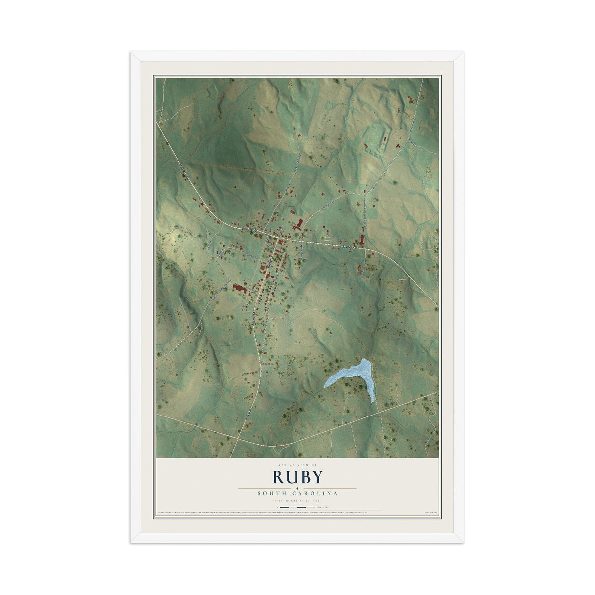 Map of Ruby, South Carolina, 12 x 18 inch print in a white wood frame