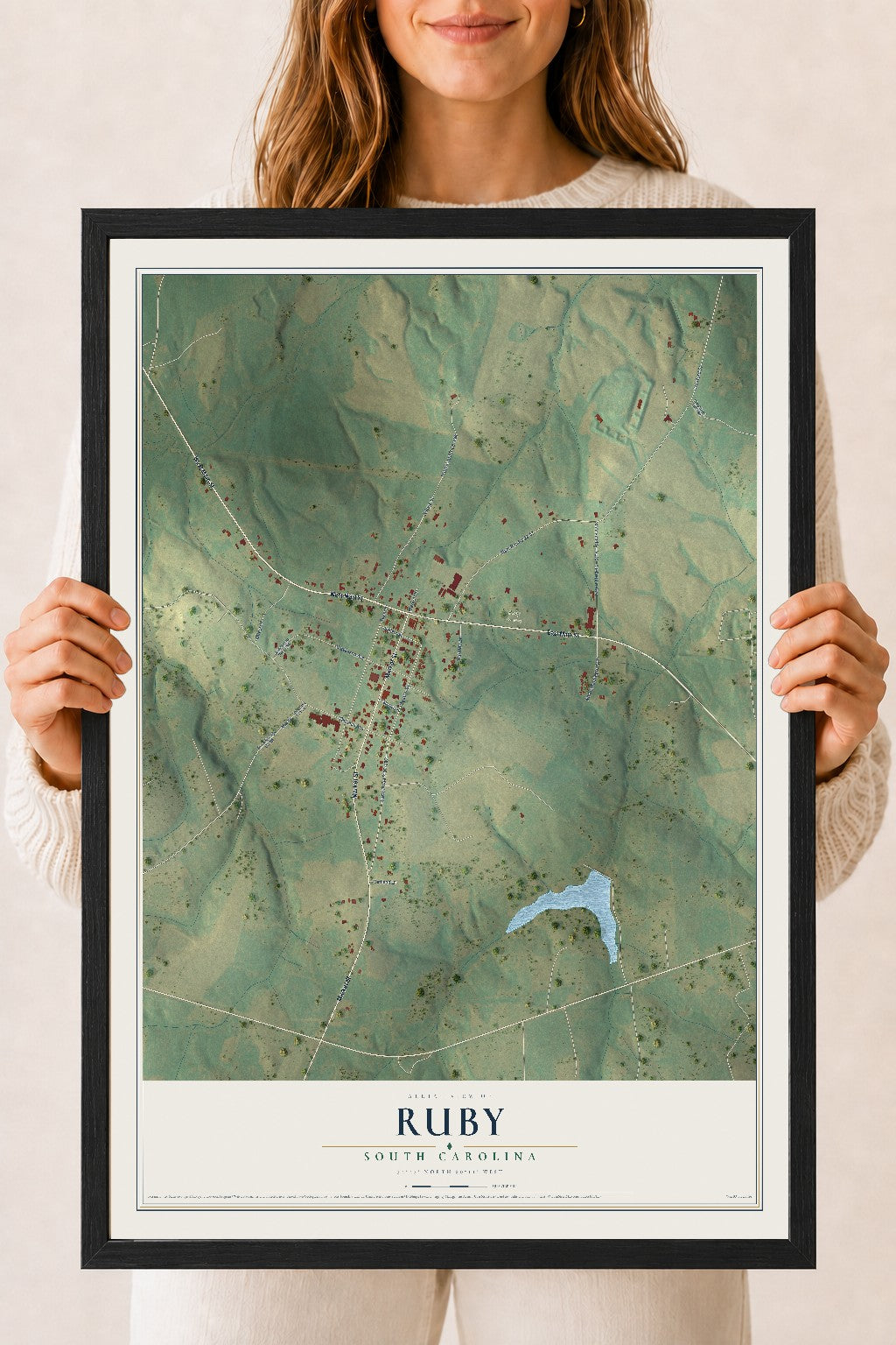Map of Ruby, South Carolina, 18 x 24 inch print in a black wood frame