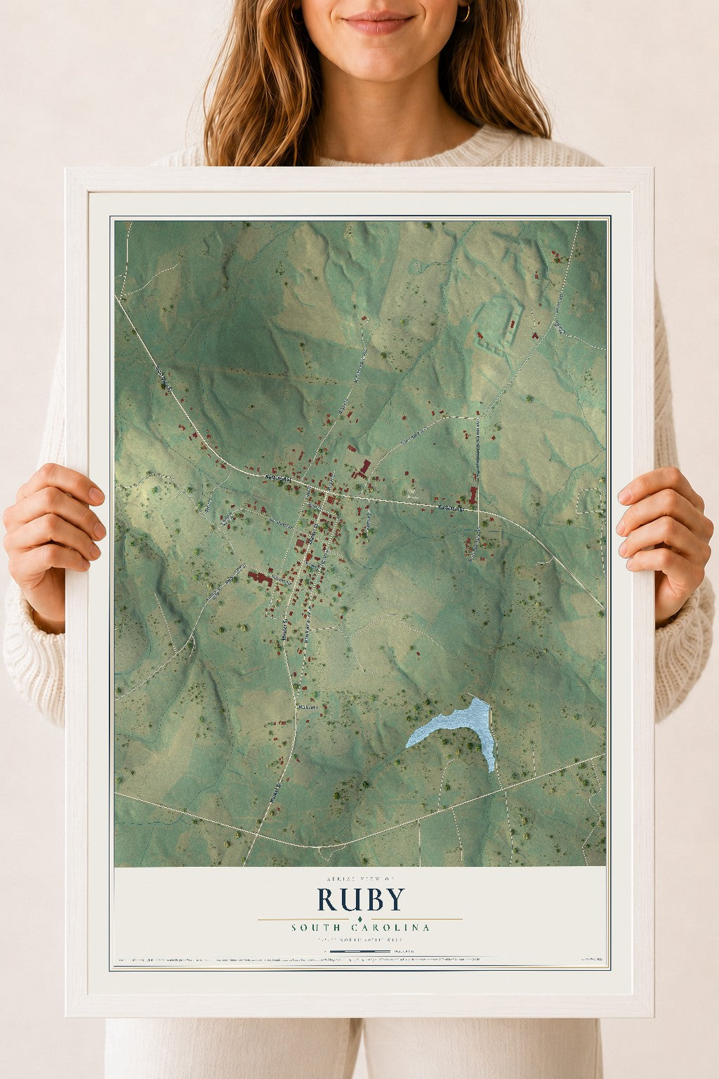 Map of Ruby, South Carolina, 18 x 24 inch print in a white wood frame
