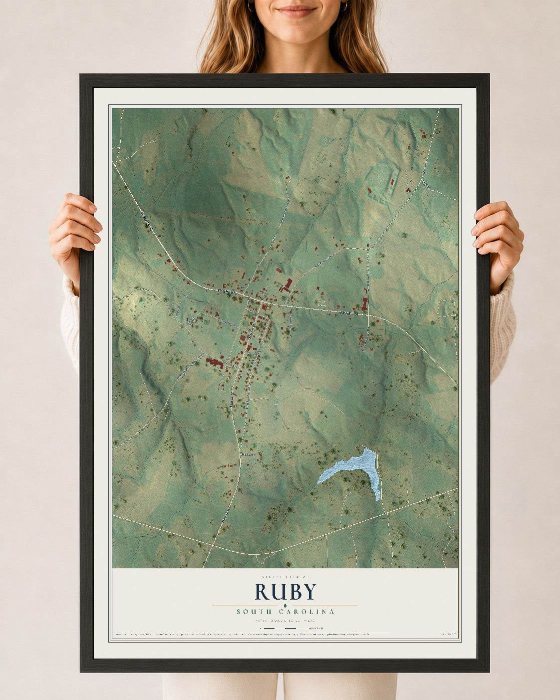 Map of Ruby, South Carolina, 24 x 36 inch print in a black wood frame