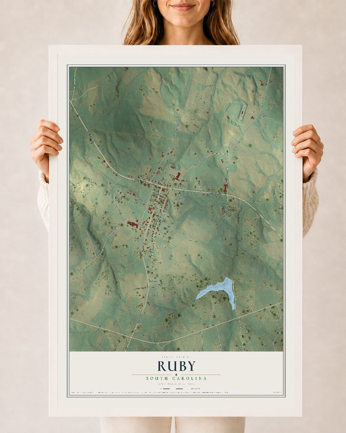 Map of Ruby, South Carolina, 24 x 36 inch print in a white wood frame