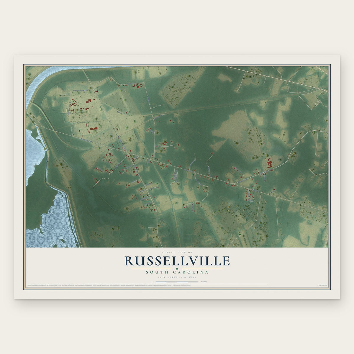 Russellville, South Carolina map print, the full design
