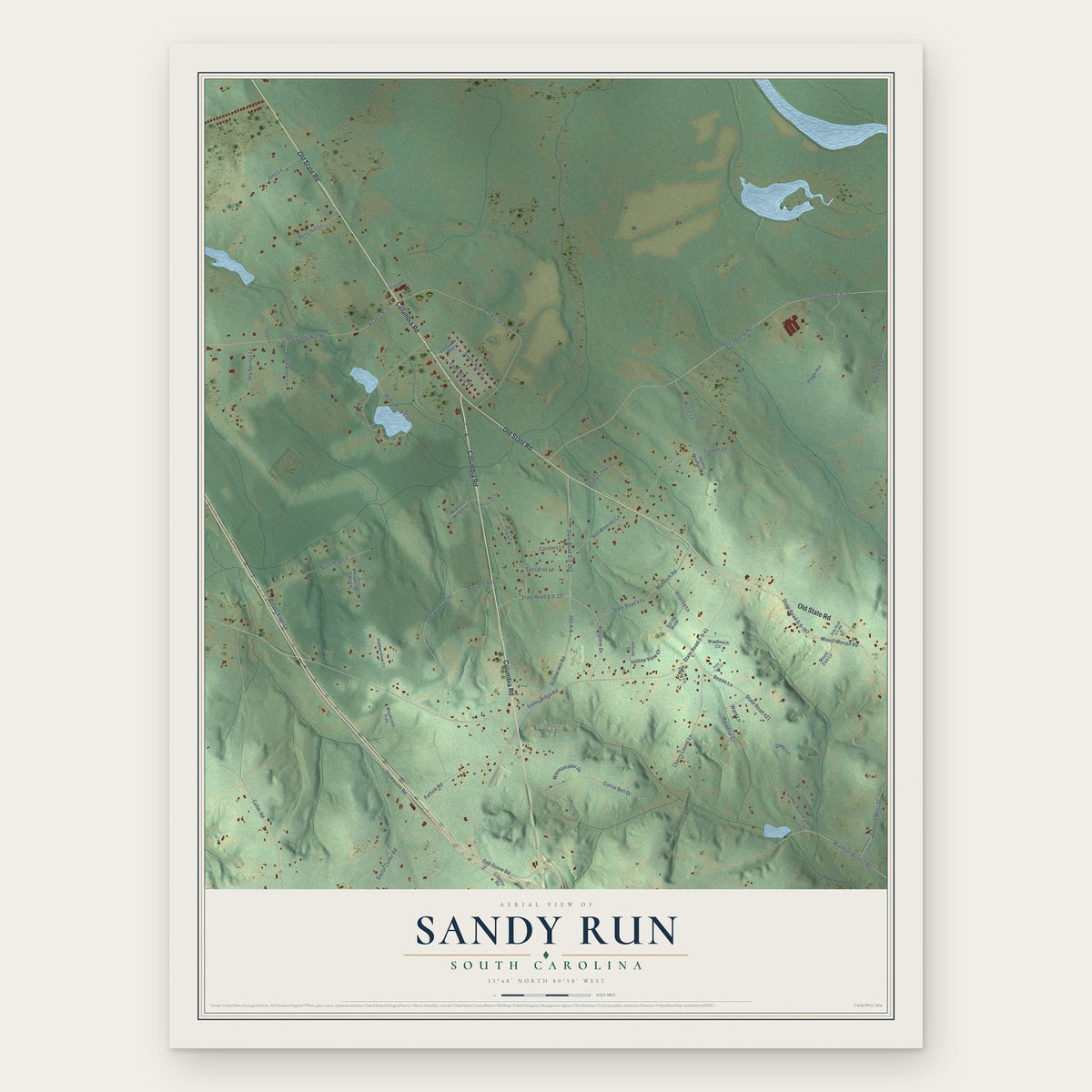 Sandy Run, South Carolina map print, the full design