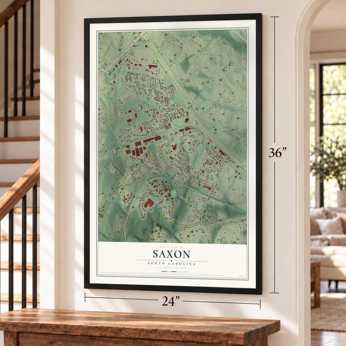 Saxon, South Carolina map, 24 x 36 inch print in a black frame by a staircase