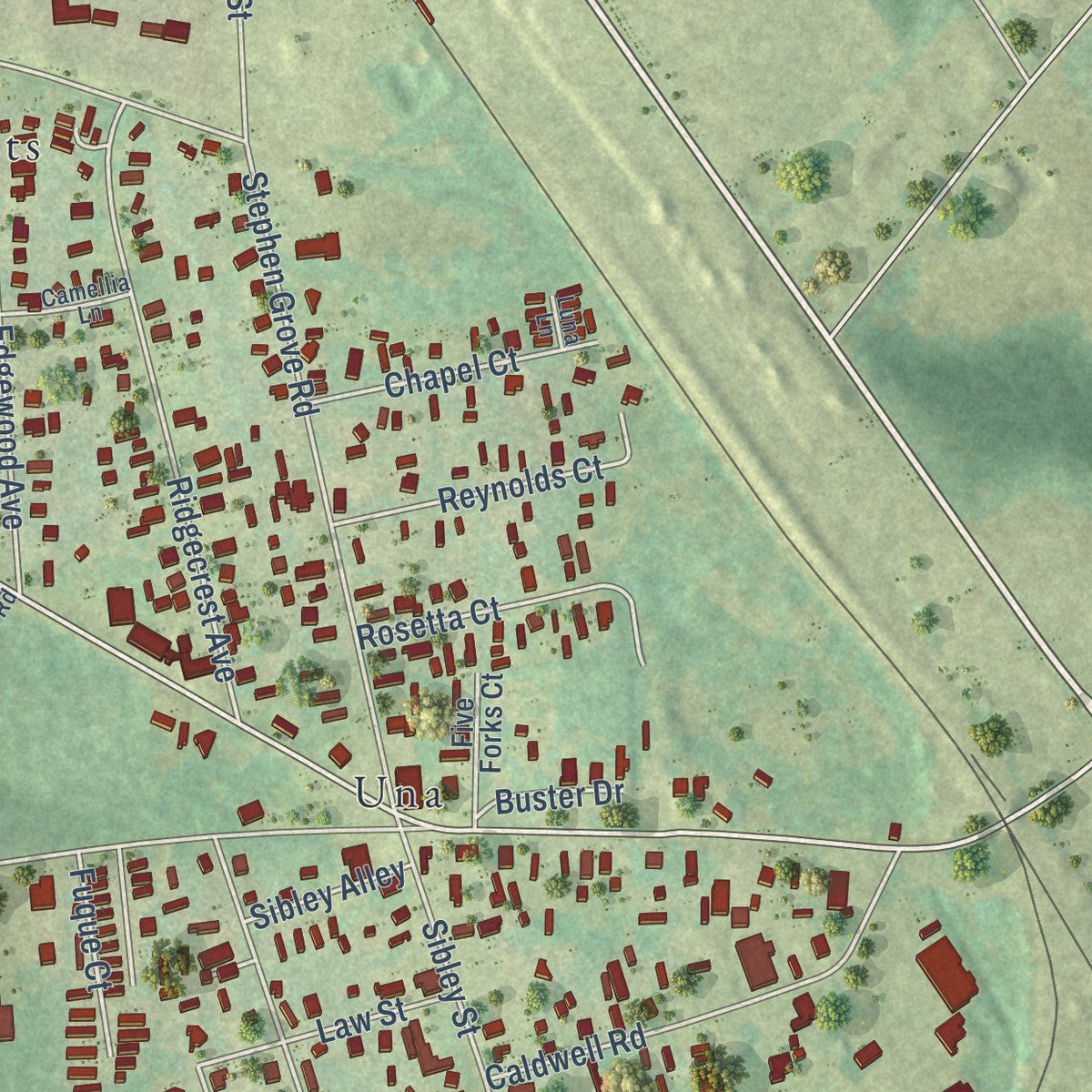 Close-up of the map of Saxon, South Carolina print showing street and building detail