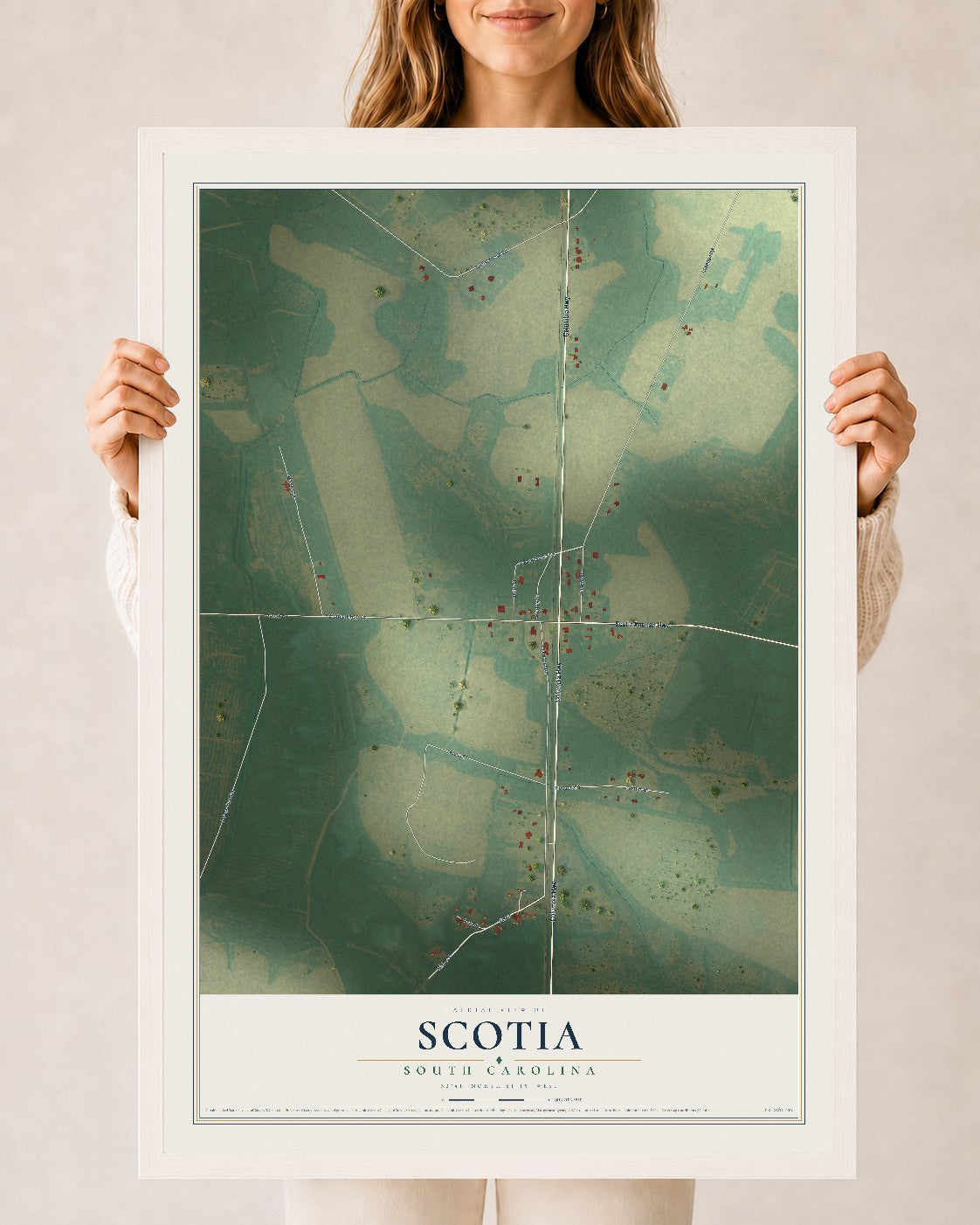 Map of Scotia, South Carolina, 24 x 36 inch print in a white wood frame
