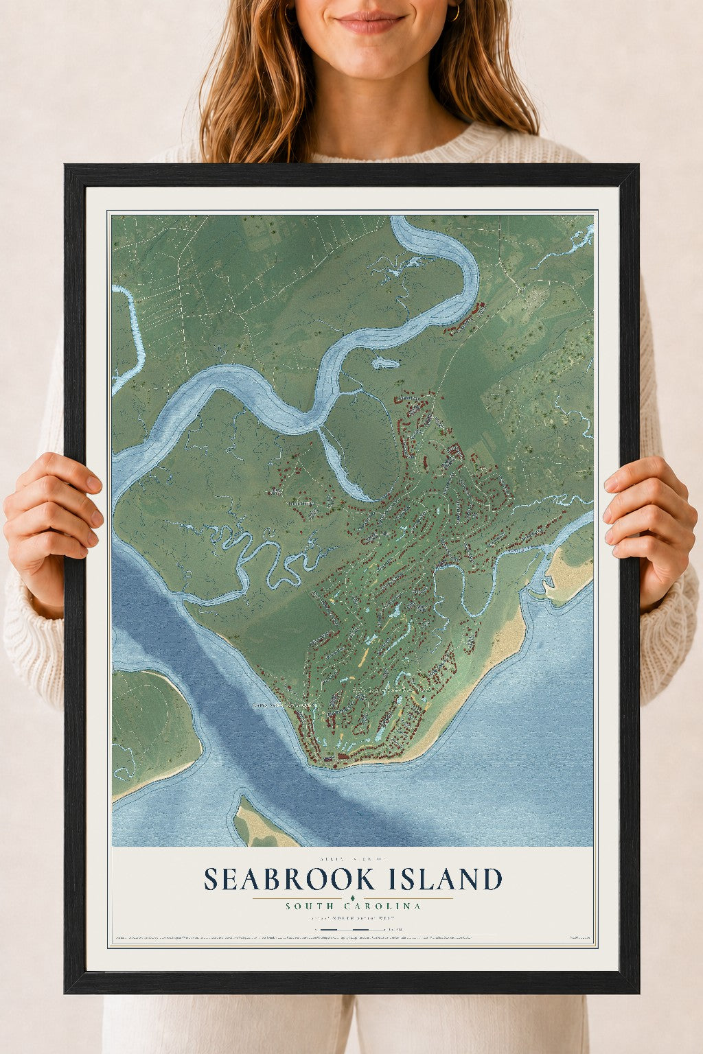 Map of Seabrook Island, South Carolina, 18 x 24 inch print in a black wood frame