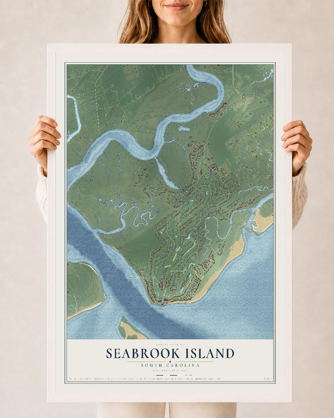 Map of Seabrook Island, South Carolina, 24 x 36 inch print in a white wood frame