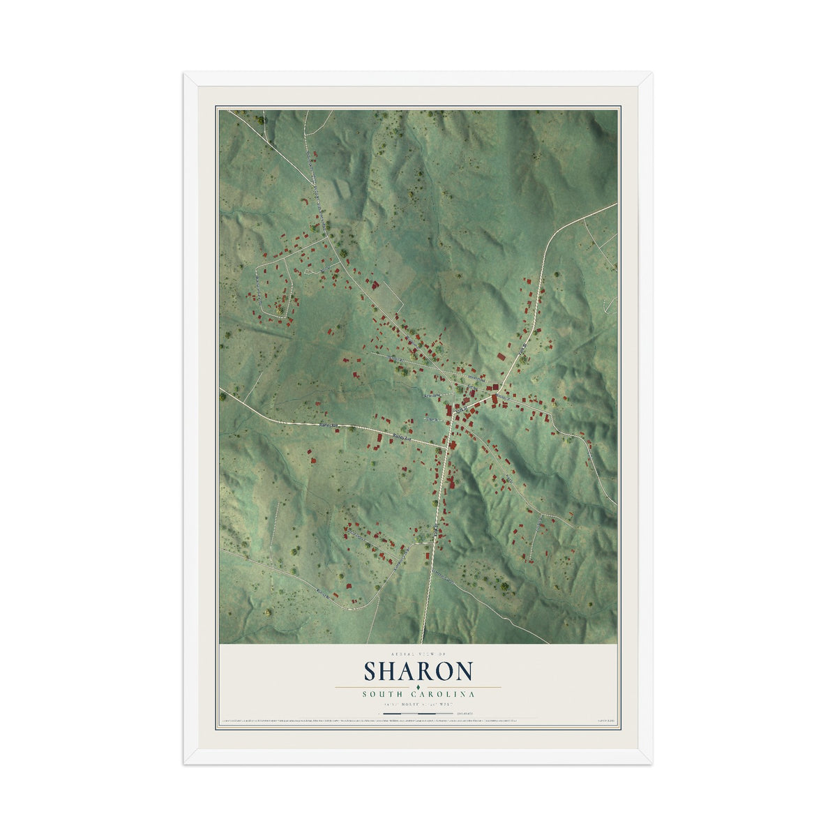 Map of Sharon, South Carolina, 12 x 18 inch print in a white wood frame
