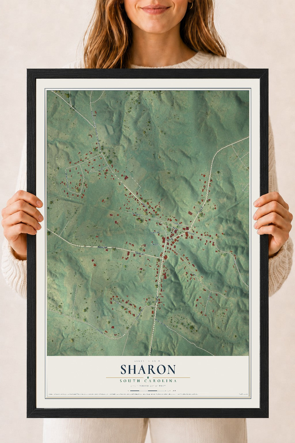 Map of Sharon, South Carolina, 18 x 24 inch print in a black wood frame