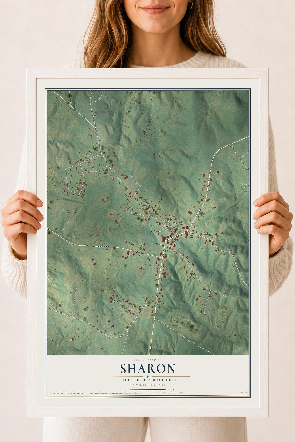 Map of Sharon, South Carolina, 18 x 24 inch print in a white wood frame