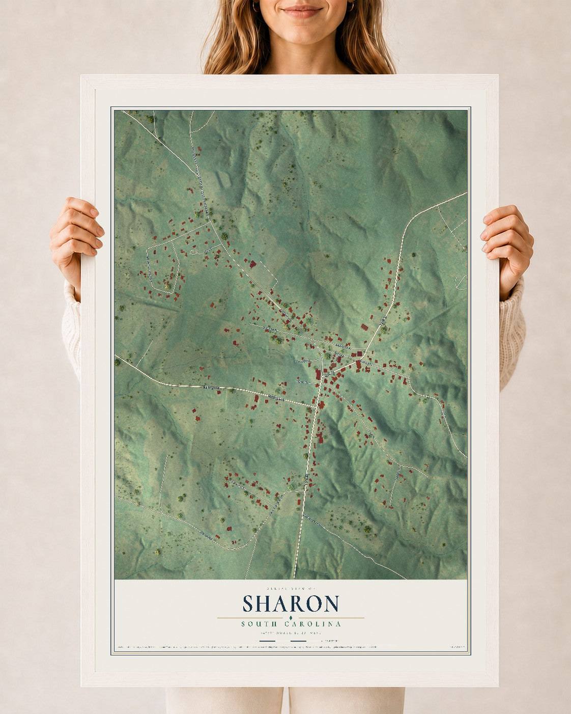 Map of Sharon, South Carolina, 24 x 36 inch print in a white wood frame