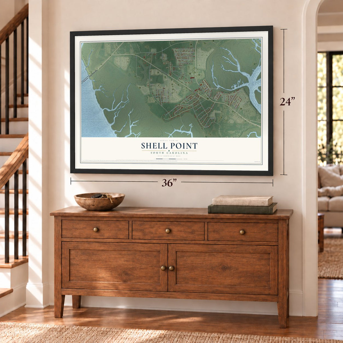 Shell Point, South Carolina map, 24 x 36 inch print in a black frame above a dresser by a staircase