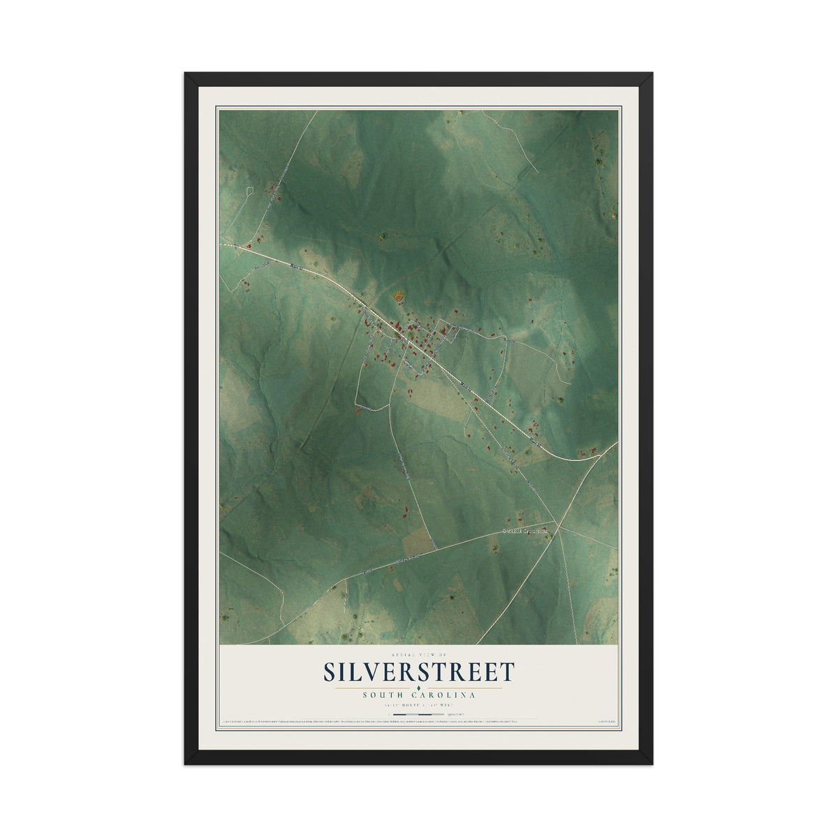 Map of Silverstreet, South Carolina, 12 x 18 inch print in a black wood frame