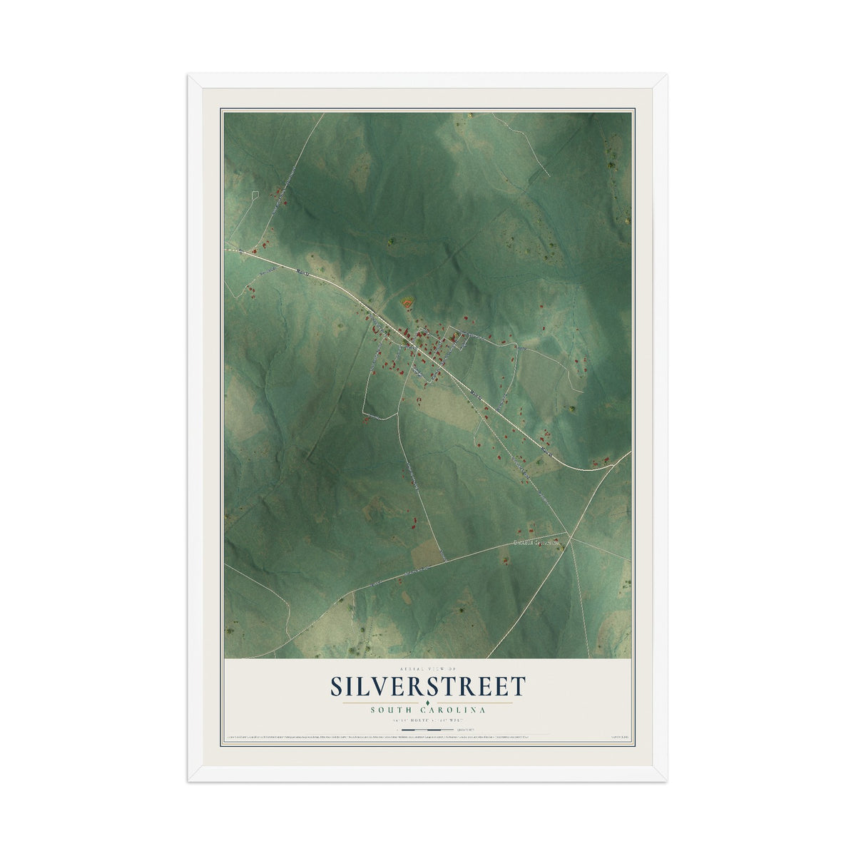Map of Silverstreet, South Carolina, 12 x 18 inch print in a white wood frame