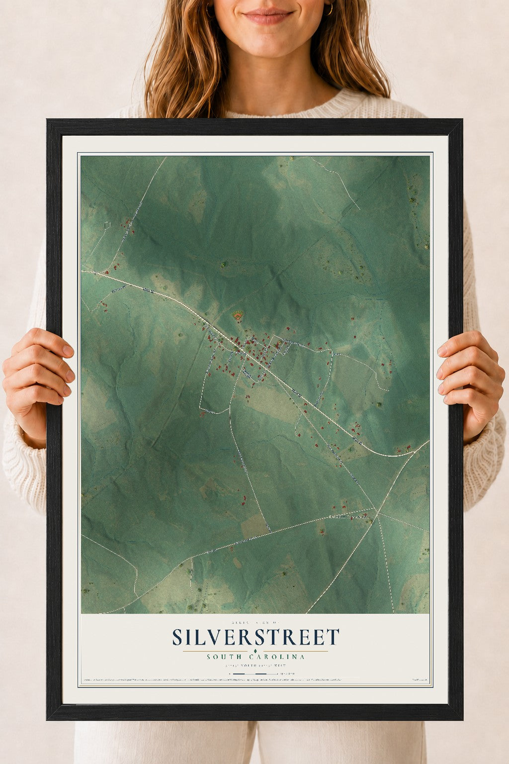 Map of Silverstreet, South Carolina, 18 x 24 inch print in a black wood frame