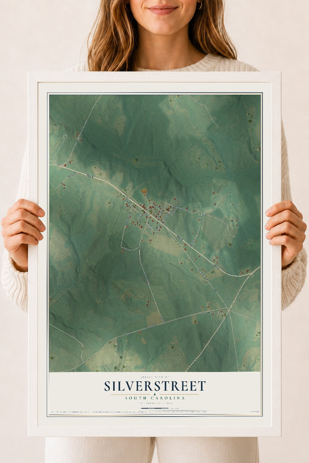 Map of Silverstreet, South Carolina, 18 x 24 inch print in a white wood frame