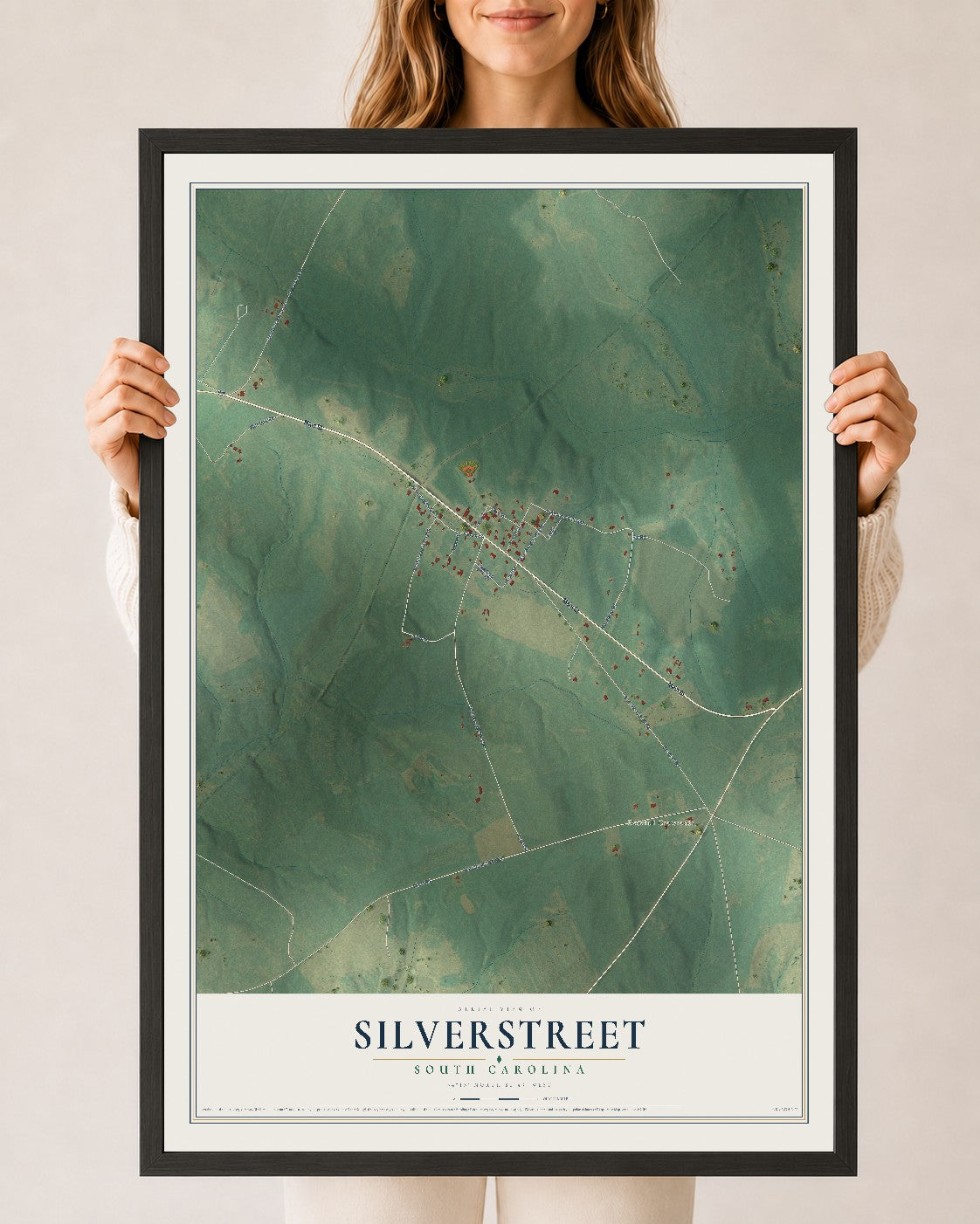 Map of Silverstreet, South Carolina, 24 x 36 inch print in a black wood frame