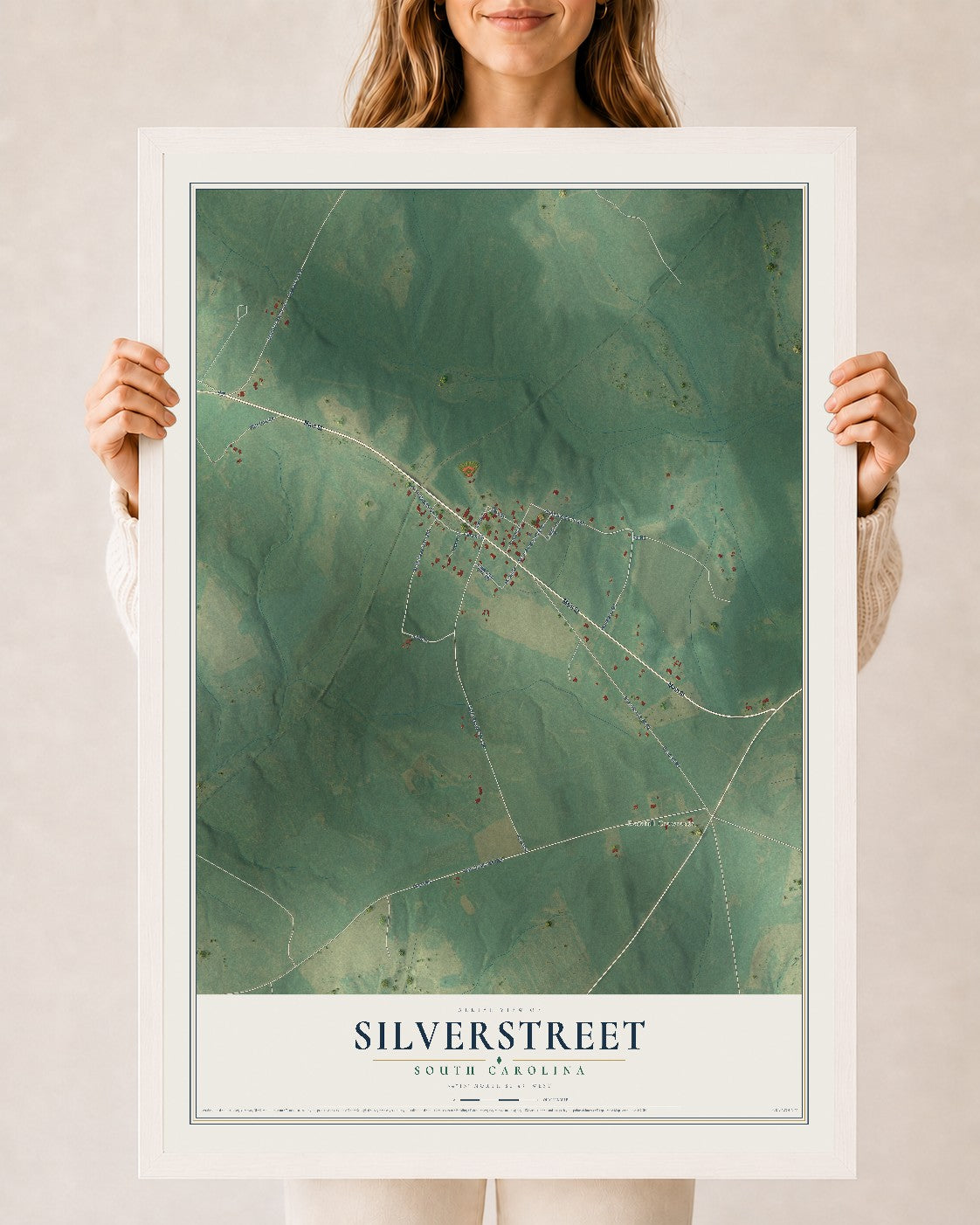 Map of Silverstreet, South Carolina, 24 x 36 inch print in a white wood frame