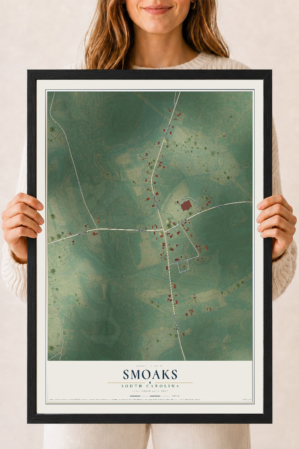 Map of Smoaks, South Carolina, 18 x 24 inch print in a black wood frame