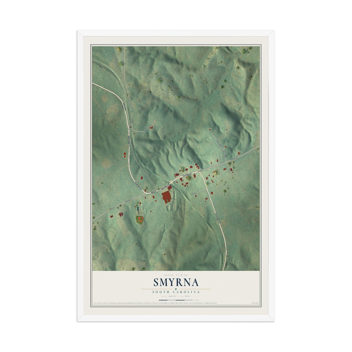 Map of Smyrna, South Carolina, 12 x 18 inch print in a white wood frame