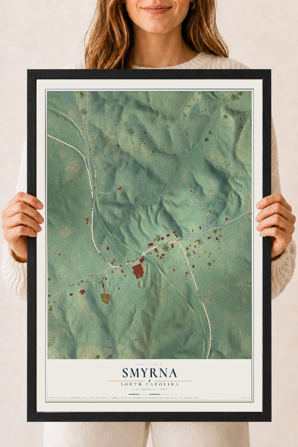 Map of Smyrna, South Carolina, 18 x 24 inch print in a black wood frame