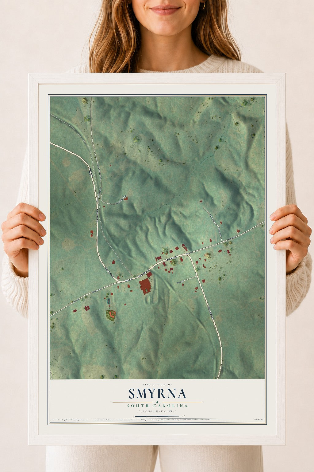 Map of Smyrna, South Carolina, 18 x 24 inch print in a white wood frame