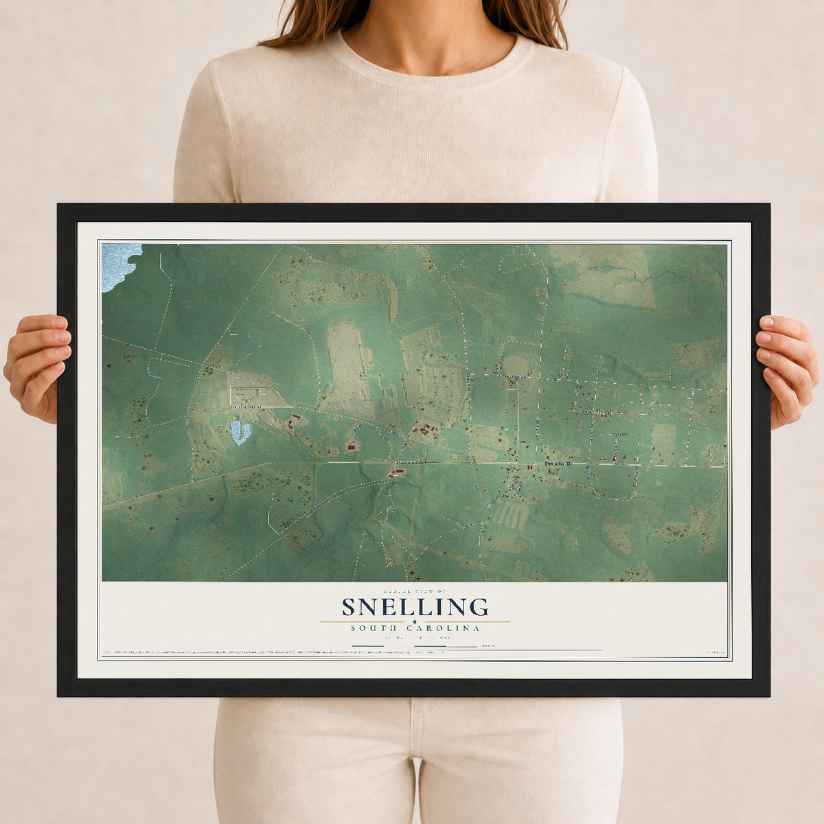 Map of Snelling, South Carolina, 12 x 18 inch print in a black wood frame