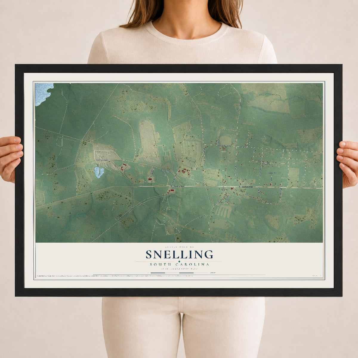 Map of Snelling, South Carolina, 18 x 24 inch print in a black wood frame