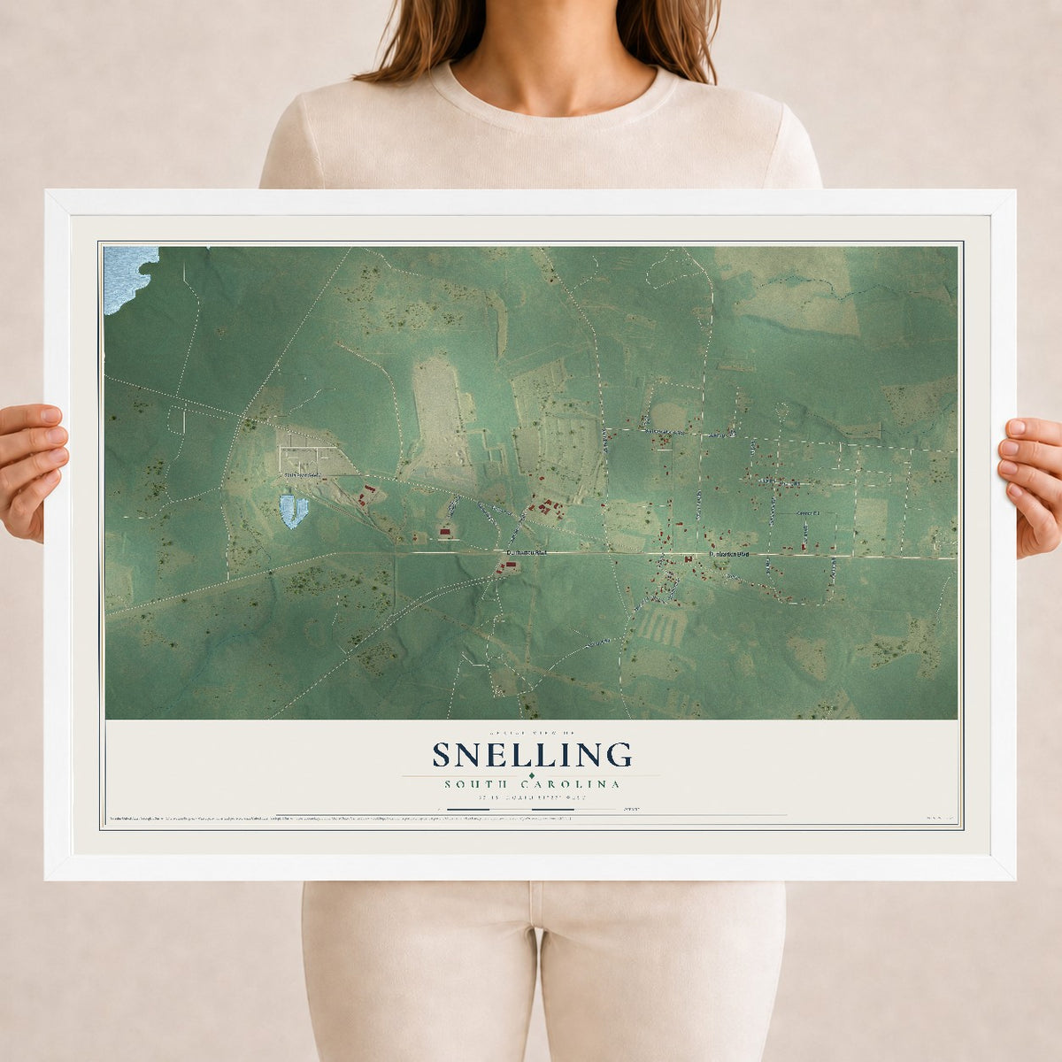 Map of Snelling, South Carolina, 18 x 24 inch print in a white wood frame
