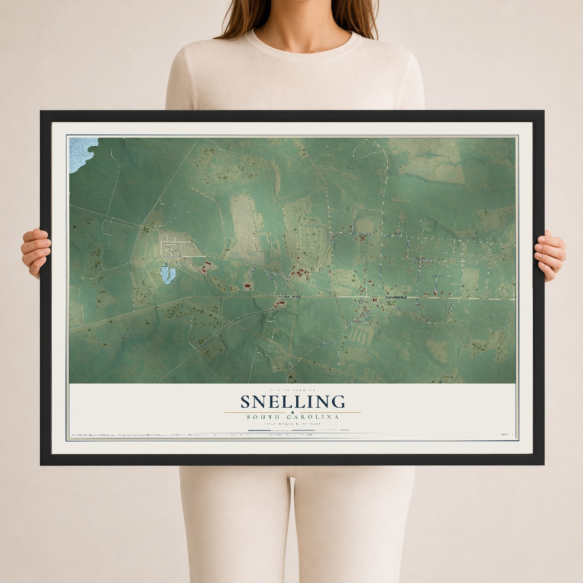 Map of Snelling, South Carolina, 24 x 36 inch print in a black wood frame
