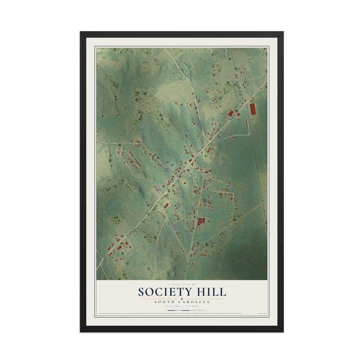 Map of Society Hill, South Carolina, 12 x 18 inch print in a black wood frame