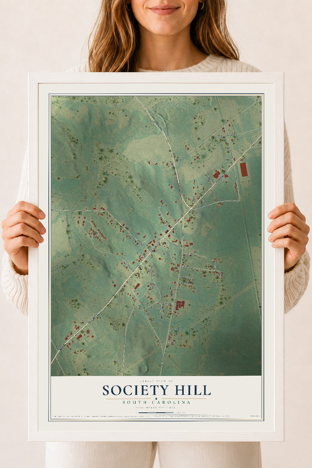 Map of Society Hill, South Carolina, 18 x 24 inch print in a white wood frame