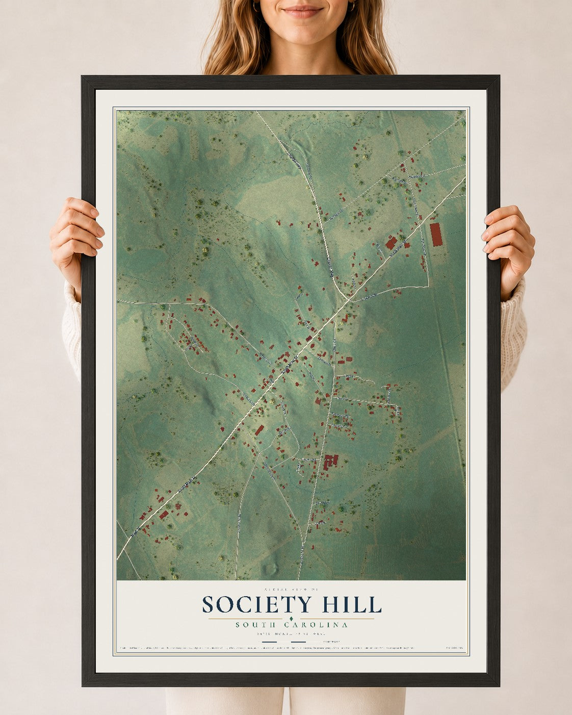 Map of Society Hill, South Carolina, 24 x 36 inch print in a black wood frame