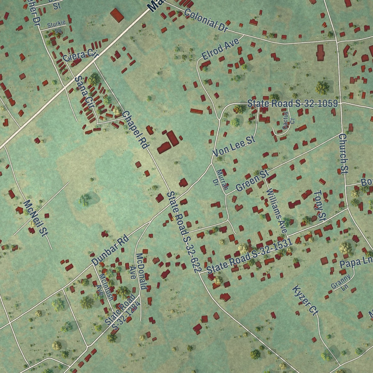 Close-up of the map of South Congaree, South Carolina print showing street and building detail