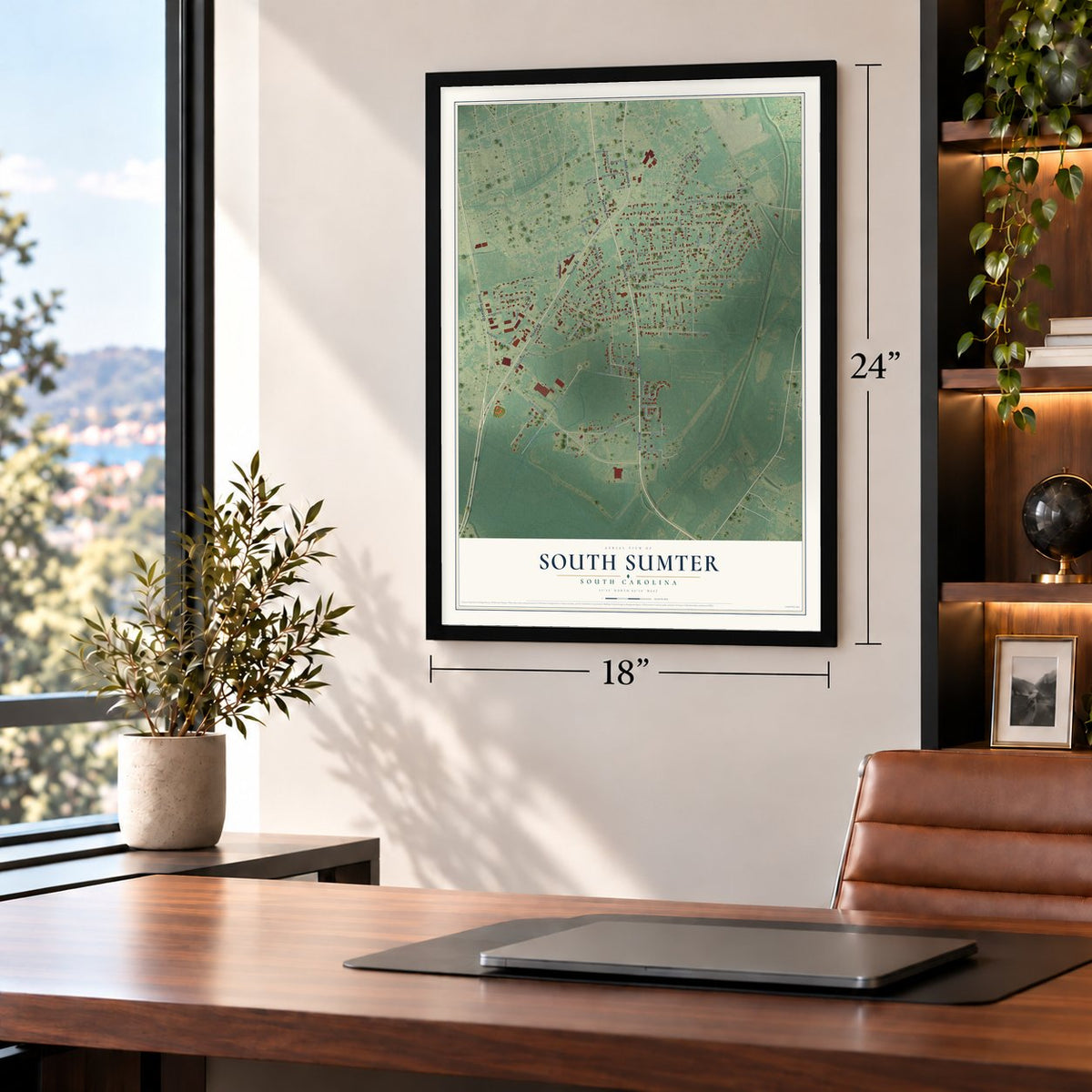 South Sumter, South Carolina map, 18 x 24 inch print in a black frame in a home office