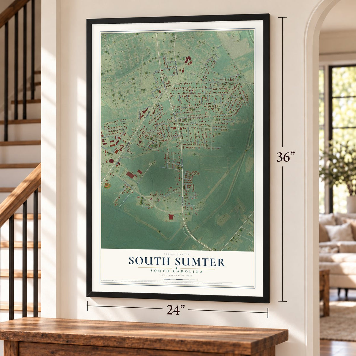 South Sumter, South Carolina map, 24 x 36 inch print in a black frame by a staircase