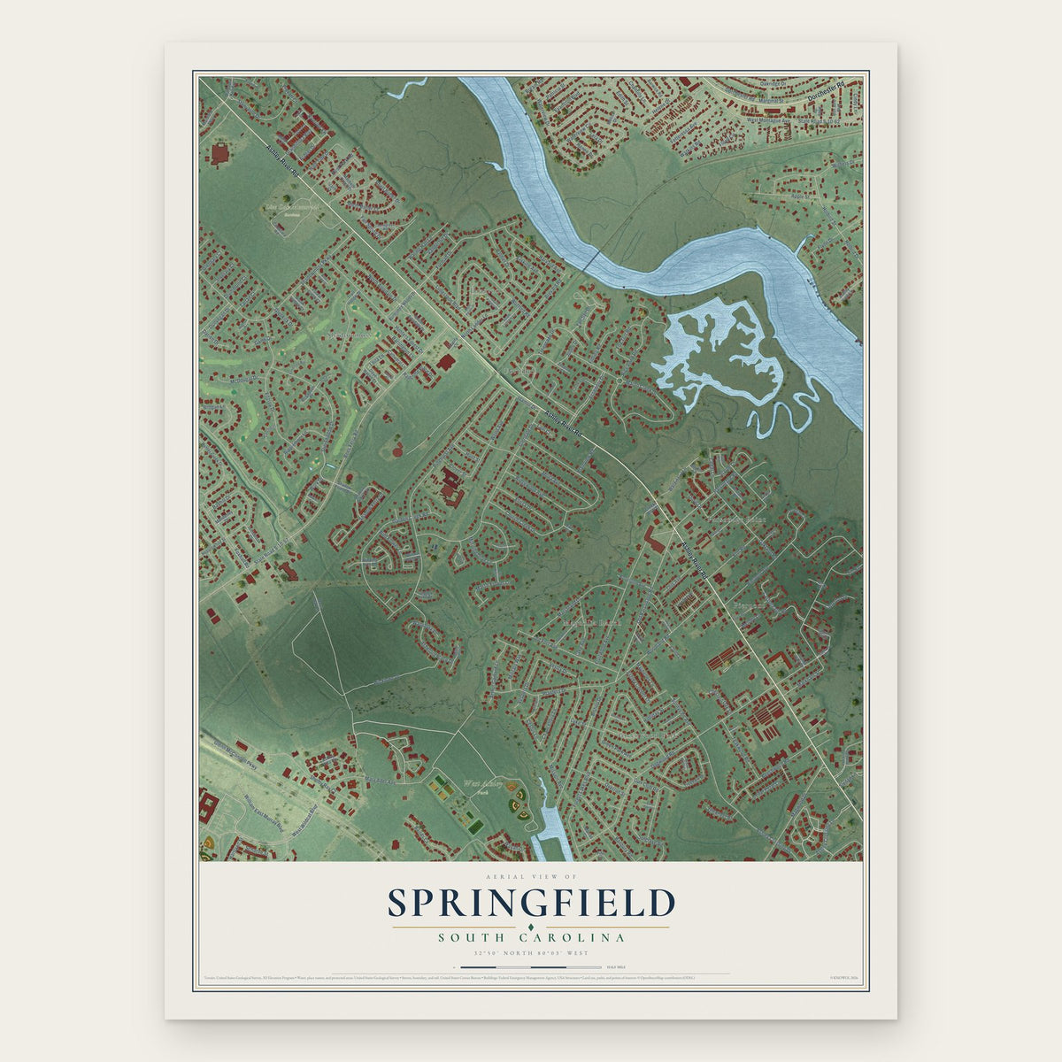 Springfield, Charleston County, South Carolina map print, the full design
