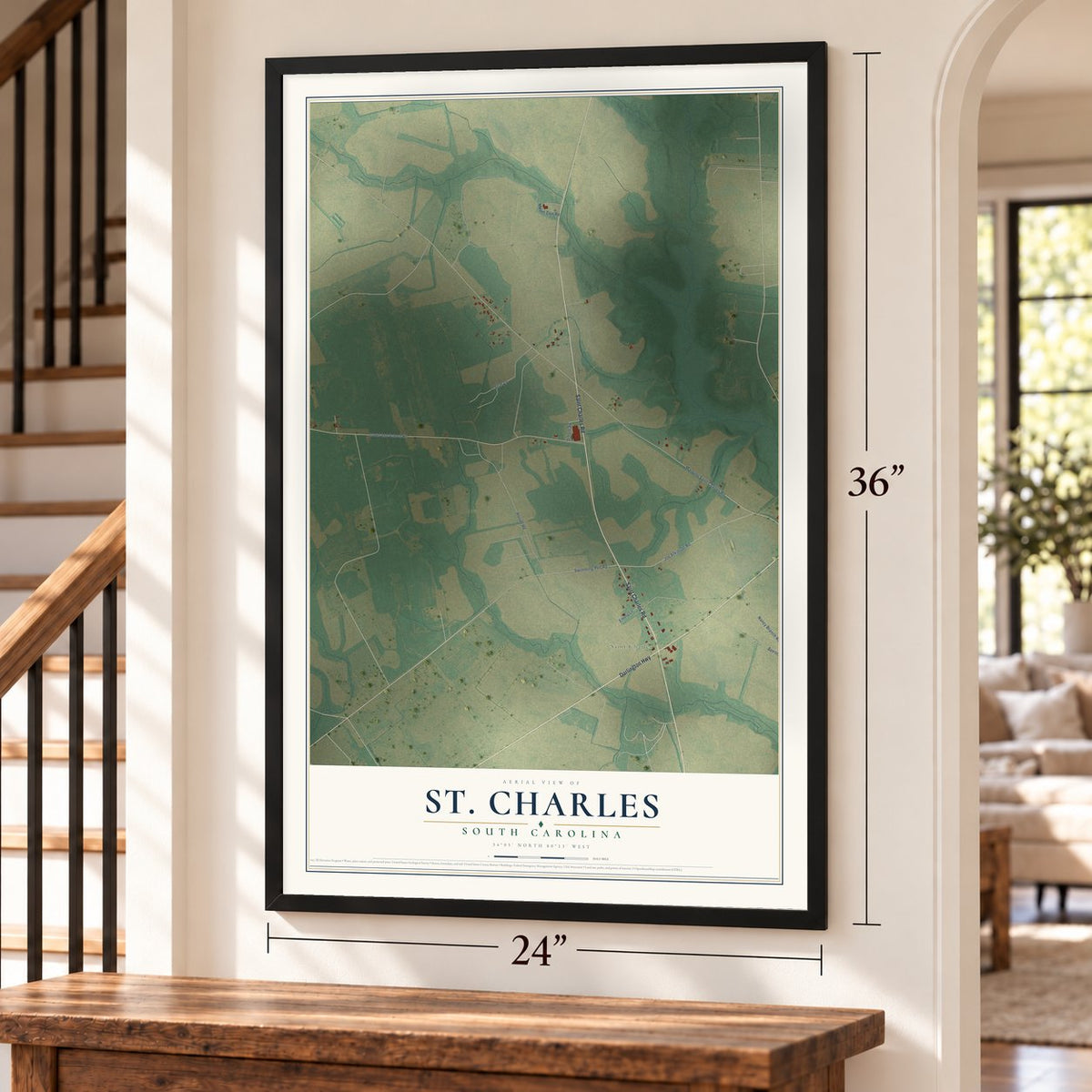 St. Charles, South Carolina map, 24 x 36 inch print in a black frame by a staircase