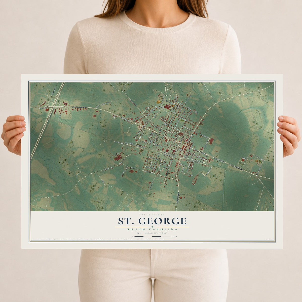 Map of St. George, South Carolina, 12 x 18 inch unframed archival matte print